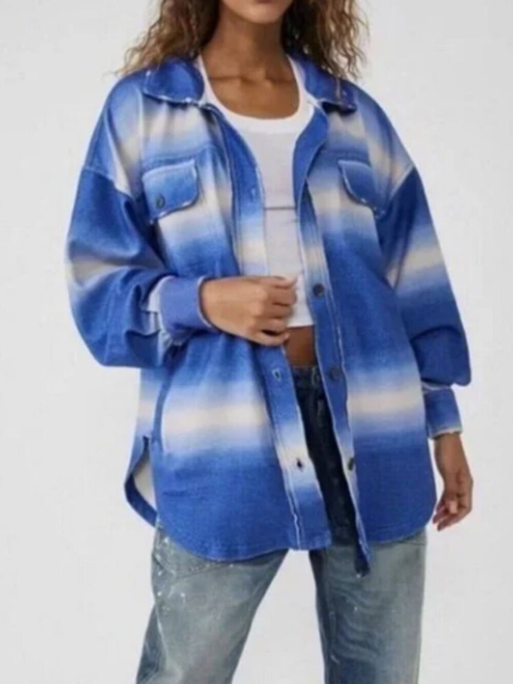 Free People Fleece Printed Deep Sea Blue Combo Boxy Fit Ruby Jacket Size Large